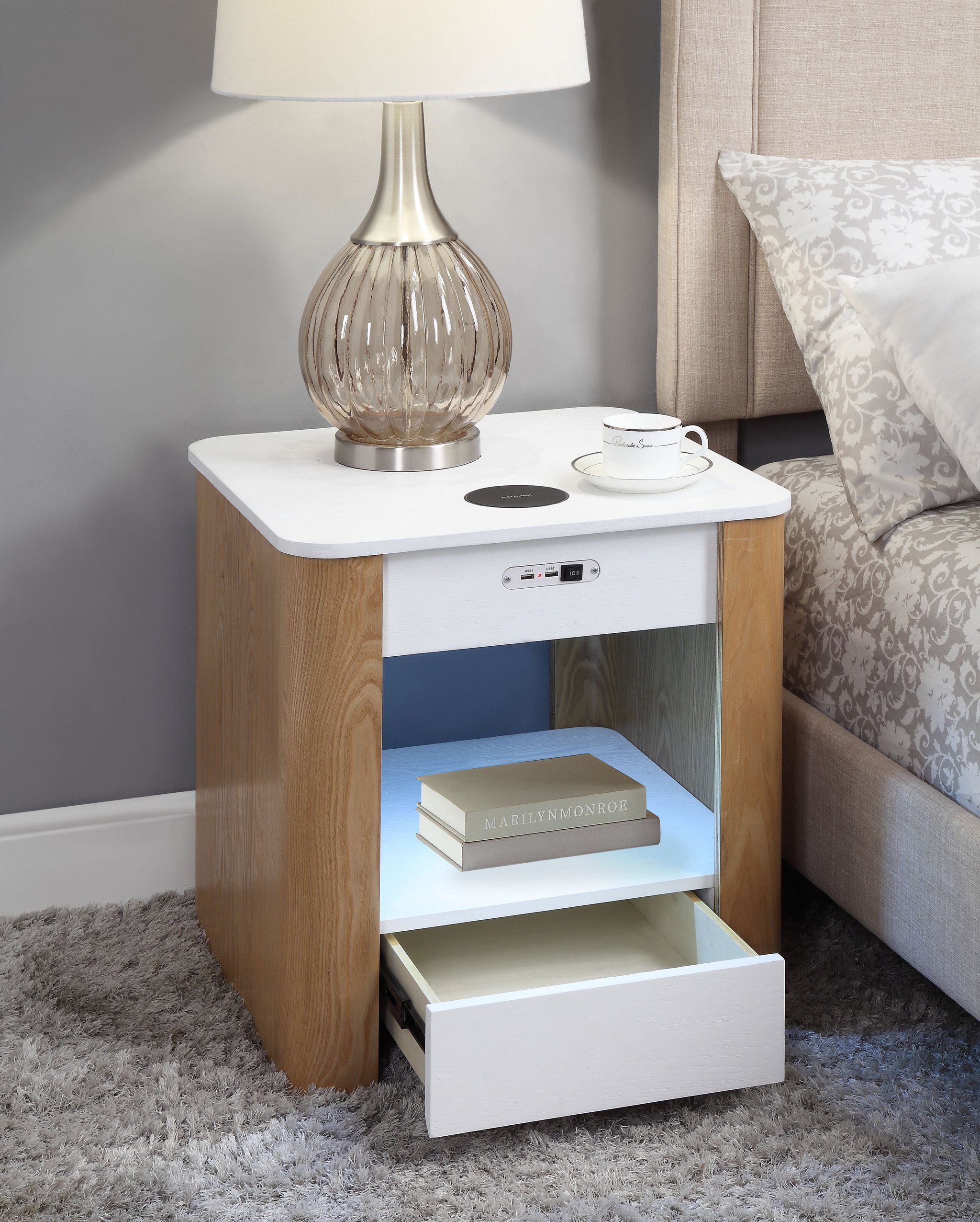 TADLisbon Grey Side Lamp Bedside Table Nightstand With Open Storage Shelf 