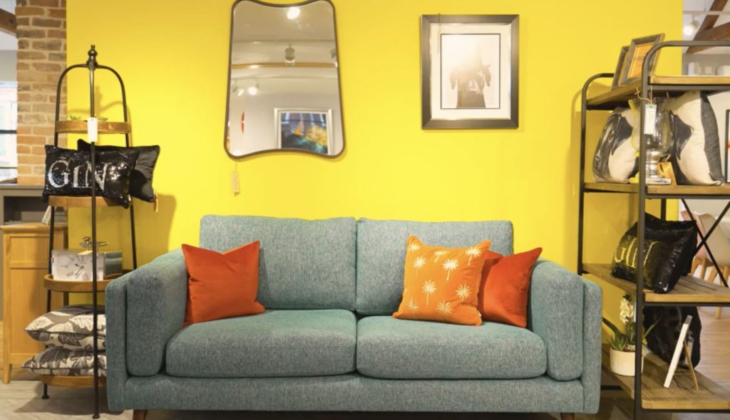 Tiramisu Sofa in Teal with Orange Cushions